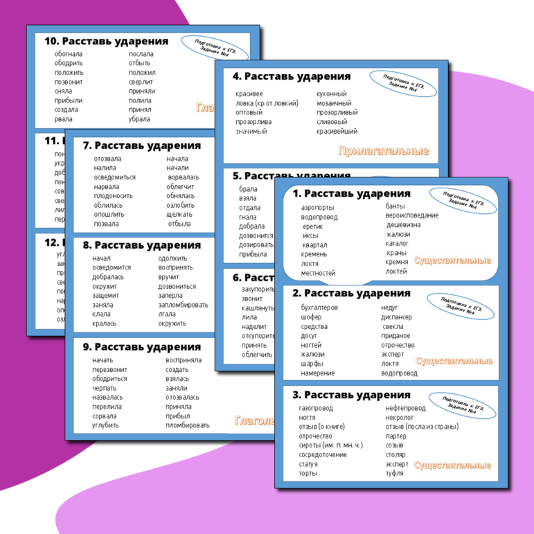 Карточки-пятиминутки для подготовки по орфоэпии (задание № 4 ЕГЭ)