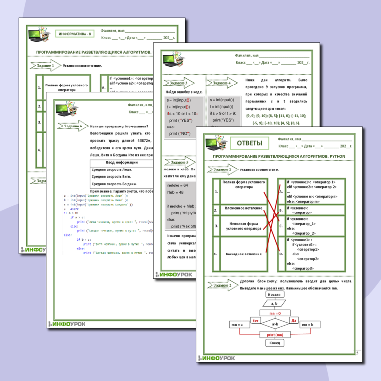 Рабочий лист для информатики. Программирование разветвляющихся алгоритмов. Python