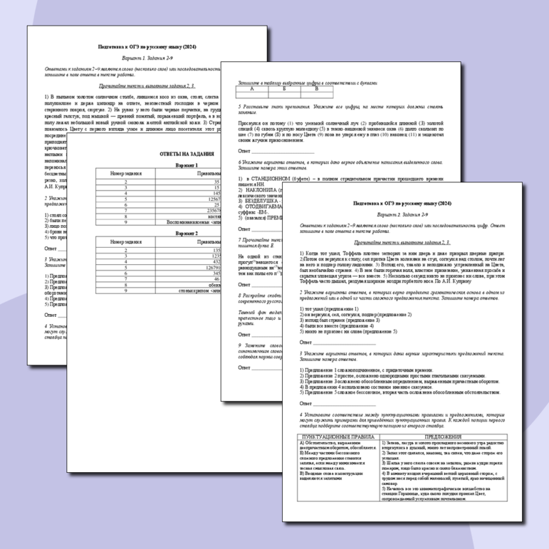 Тренировочные задания для подготовки к ОГЭ по русскому языку (2024), два варианта части 2 (задания 2-9)