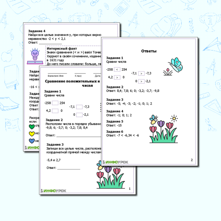 Рабочий лист по математике на тему Сравнение положительных и отрицательных чисел