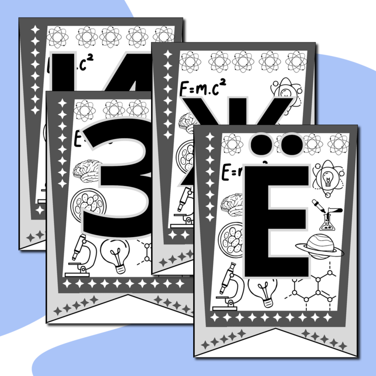 Флажки-буквы (весь алфавит) в черно-белом варианте ко Дню науки для украшения класса