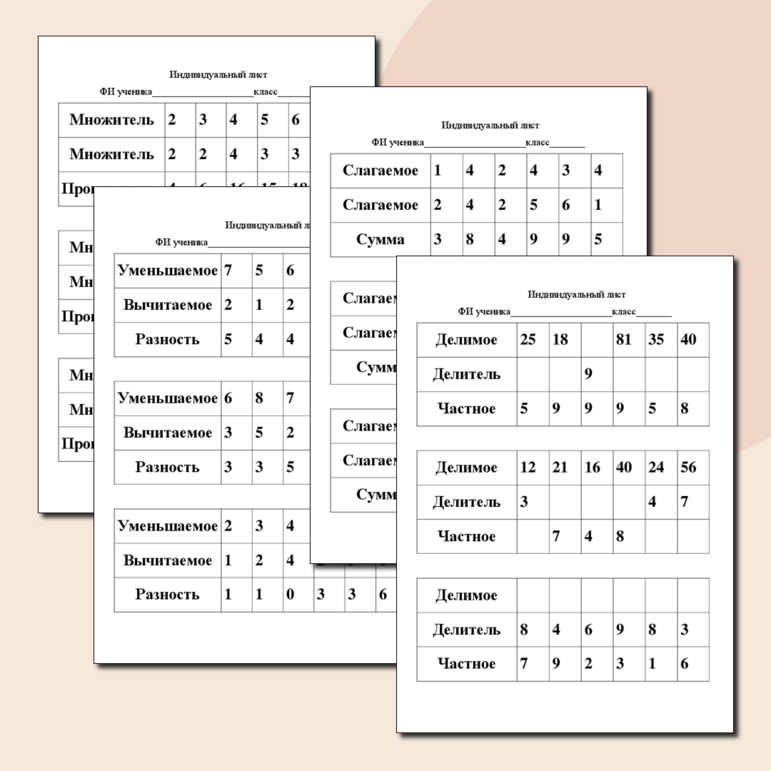 Шаблон-таблица на сложение, вычитание, умножение и деление
