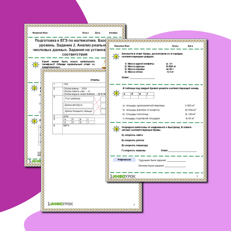 Рабочий лист. Подготовка к ЕГЭ по математике. Базовый уровень. Задание 2. Анализ реальных числовых данных. Задания на установление соответствия.