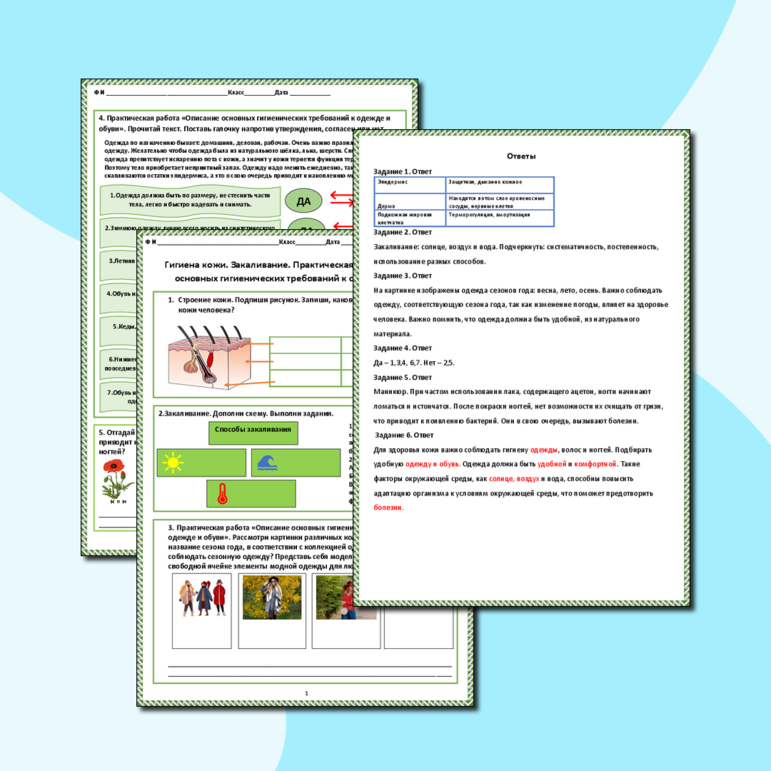 Рабочий лист «Гигиена кожи. Закаливание. Практическая работа «Описание основных гигиенических требований к одежде и обуви»»