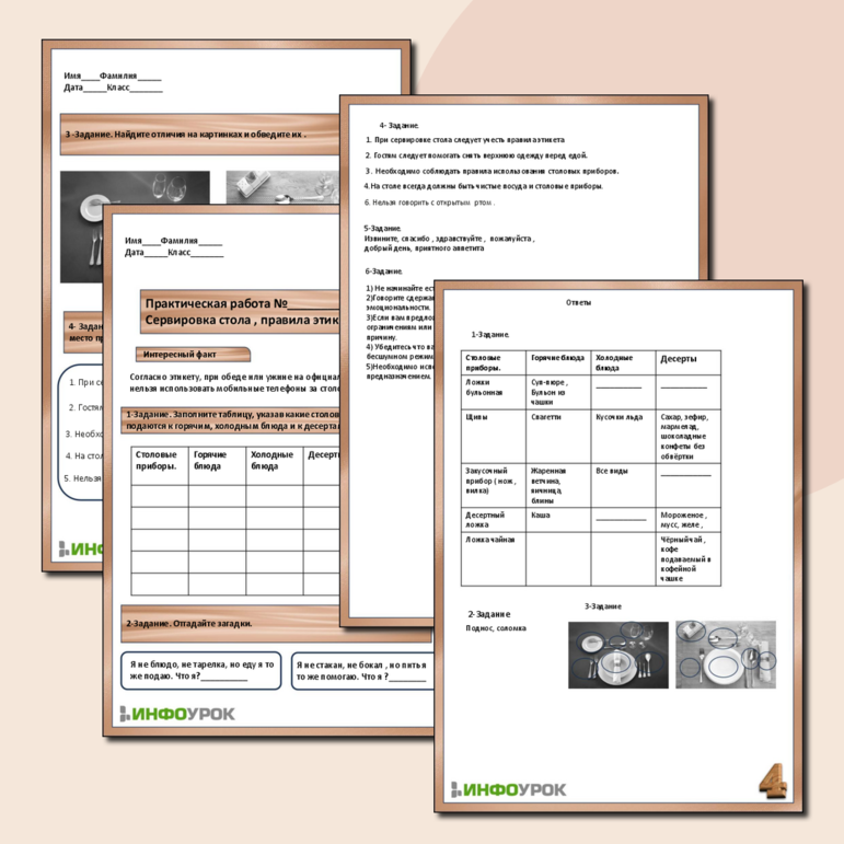 Рабочий лист для практической работы на тему Сервировка стола, правила этикета.