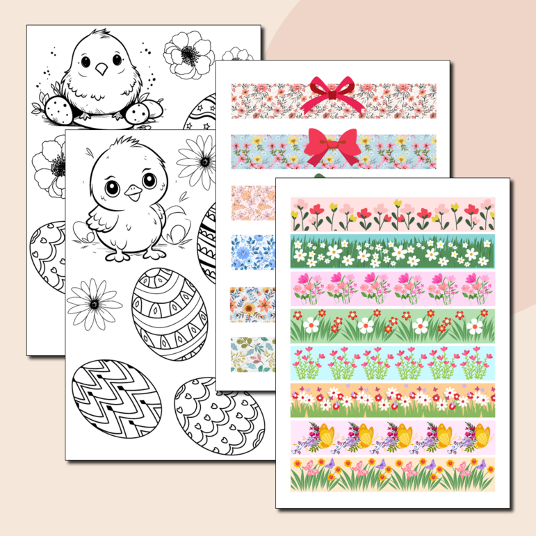 Набор для творчества к Пасхе (подставки из бумаги для пасхальных яиц, праздничные раскраски для детей) + два листа с поздравлениями для стенда в подарок