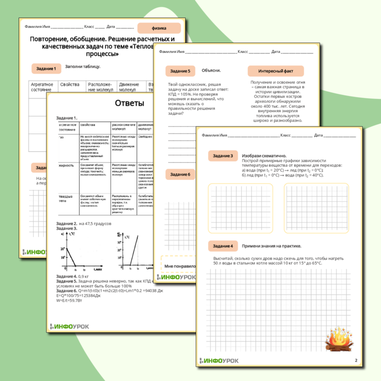 Рабочий лист по физике 9 класса Повторение, обобщение. Решение расчетных и качественных задач по теме «Тепловые процессы»