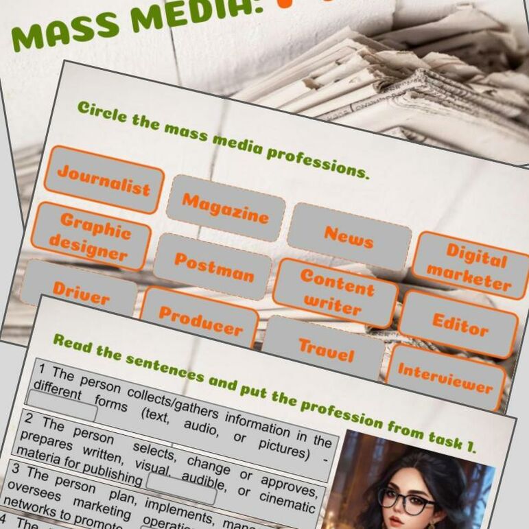 Комплект: рабочий лист + презентация Mass Media: press \ Средства массовой информации (пресса).