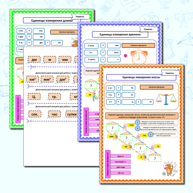 Комплект памяток по соотношению и переводу единиц измерения величин «Площадь. Длина. Масса. Время»
