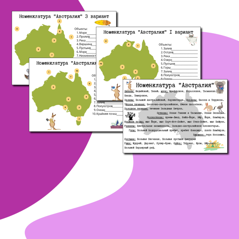 Номенклатурный список объектов Австралии+ 5 вариантов для проверки «Номенклатура Австралии»
