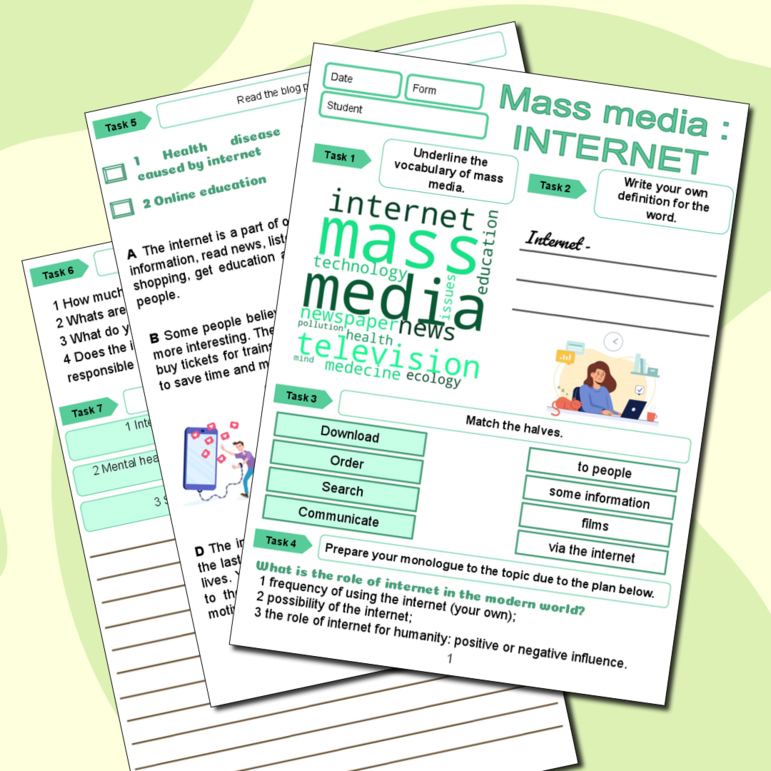 Комплект рабочий лист + презентация к уроку по теме Mass media: internet \ Средства массовой информации (интернет).