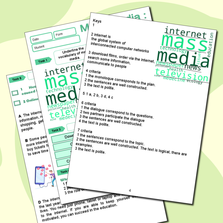 Комплект рабочий лист + презентация к уроку по теме Mass media: internet \ Средства массовой информации (интернет).