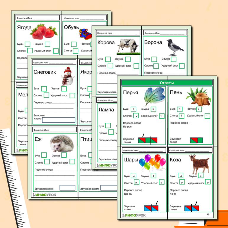 Карточки Перенос слов, ударение, звуковой анализ