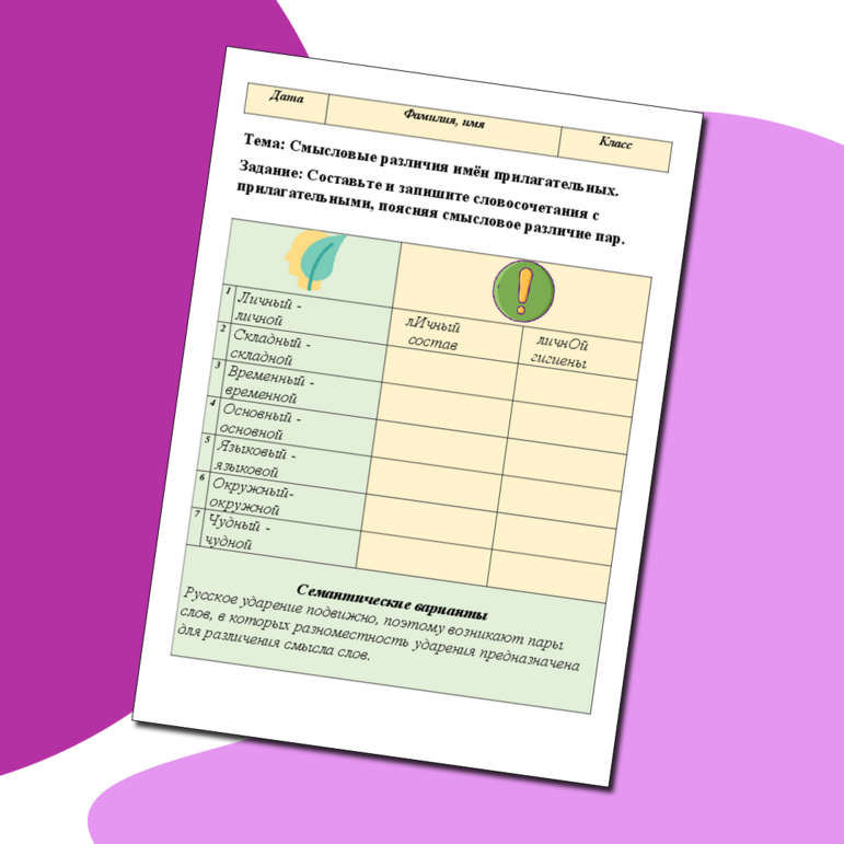 Карточка «Смысловые различия имён прилагательных. Ударние».