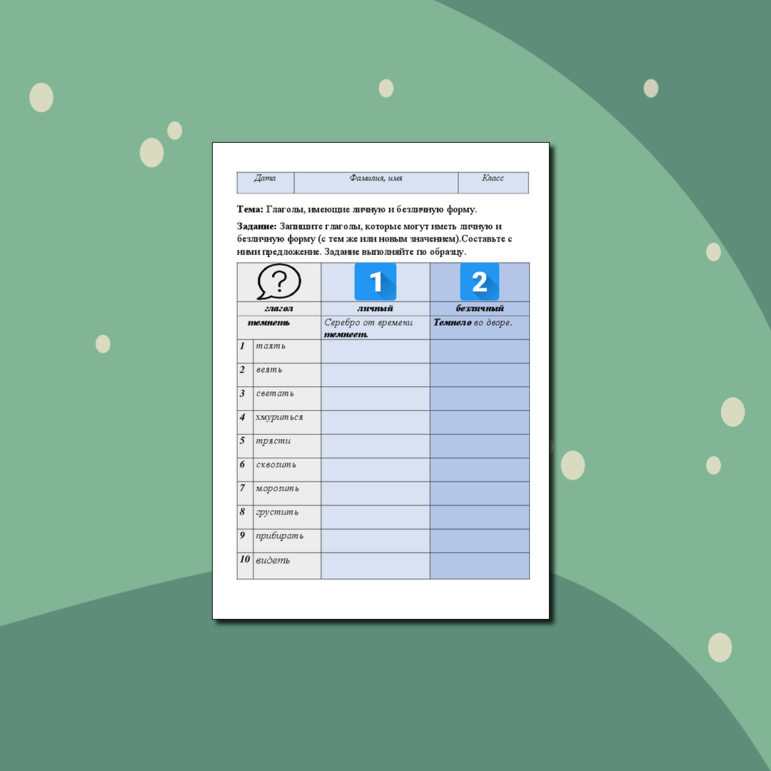 Карточка «Глаголы, имеющие личную и безличную форму».