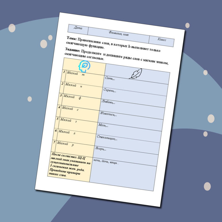 Карточка «Правописание слов, в которых Ь выполняет только смягчающую функцию».