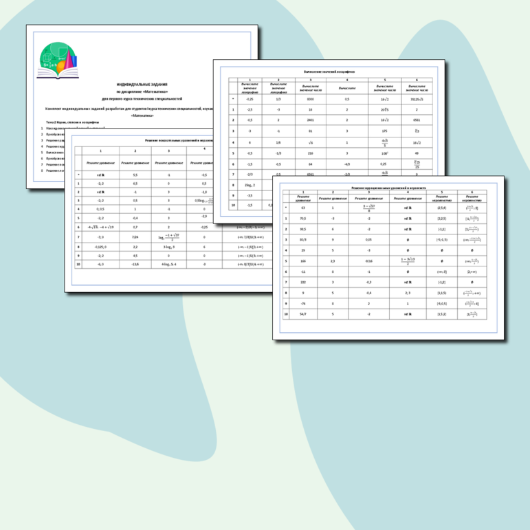 Индивидуальные задания по дисциплине «Математика» для первого курса технических специальностей : Тема 2. Корни, степени и логарифмы.