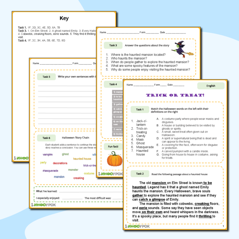 Рабочий лист по английскому языку по теме Halloween с ответами для 7, 8 классов (Хэллоуин, английский язык)
