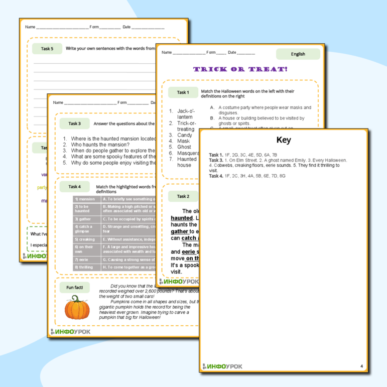 Рабочий лист по английскому языку по теме Halloween с ответами для 7, 8 классов (Хэллоуин, английский язык)