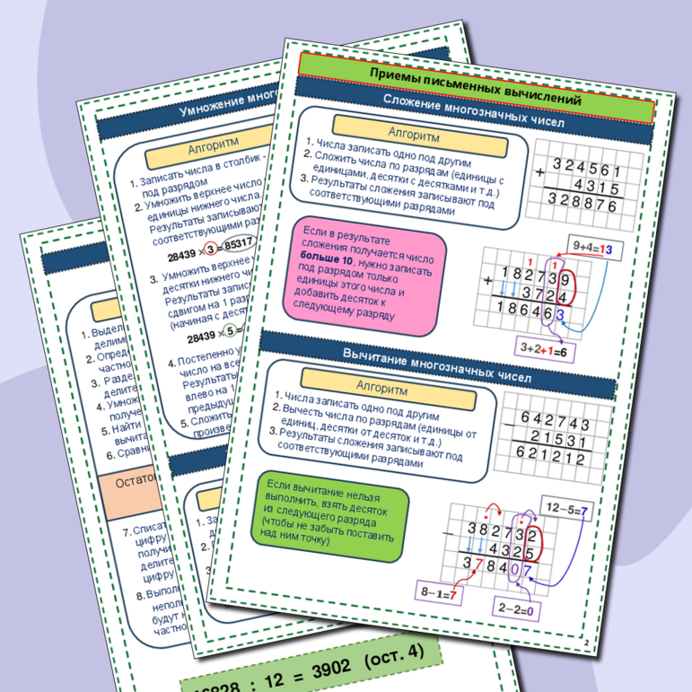 24 Карточки по основным правилам по математике 3-4 классы
