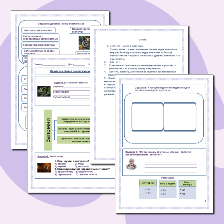 Рабочий лист по биологии в 8 классе. Науки комплекса зоологических знаний.