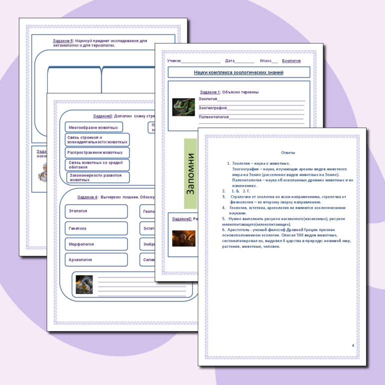 Рабочий лист по биологии в 8 классе. Науки комплекса зоологических знаний.