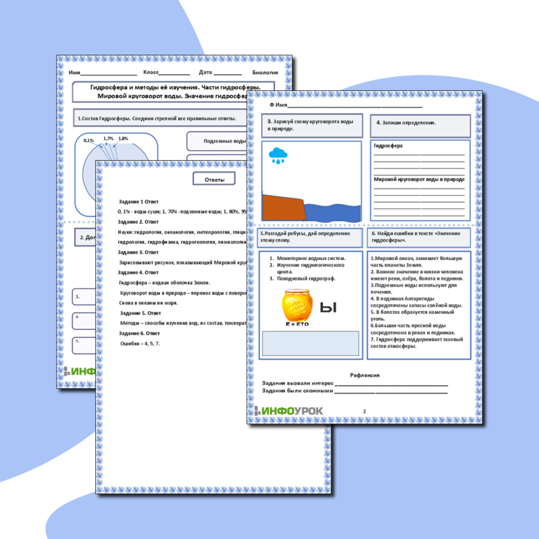 Рабочий лист «Гидросфера и методы её изучения. Части гидросферы. Мировой круговорот воды. Значение гидросферы»