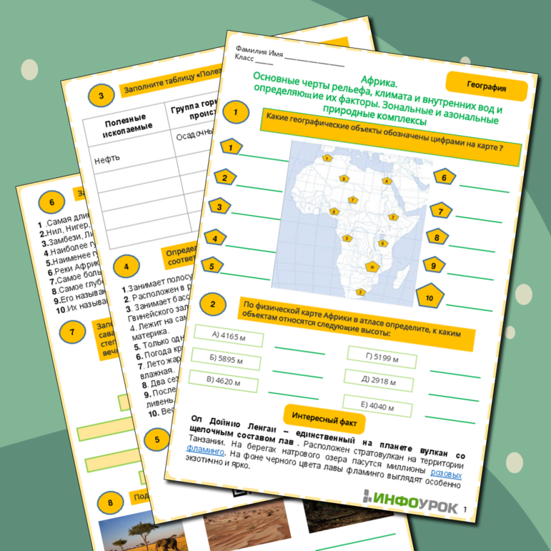 Рабочий лист. Африка. Основные черты рельефа, климата и внутренних вод и определяющие их факторы. Зональные и азональные природные комплексы.