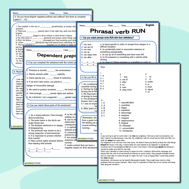 Рабочий лист «Phrasal verb RUN (Фразовый глагол RUN)»