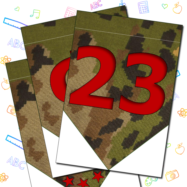 Праздничная растяжка-гирлянда, поздравление с 23 февраля фраза: «С 23 ФЕВРАЛЯ! УРА! УРА! УРА!» (зеленый камуфляж в виде ткани)