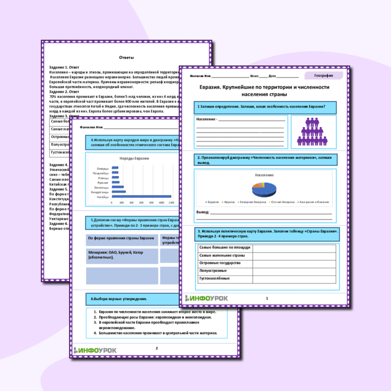 Рабочий лист «Евразия. Крупнейшие по территории и численности населения страны»