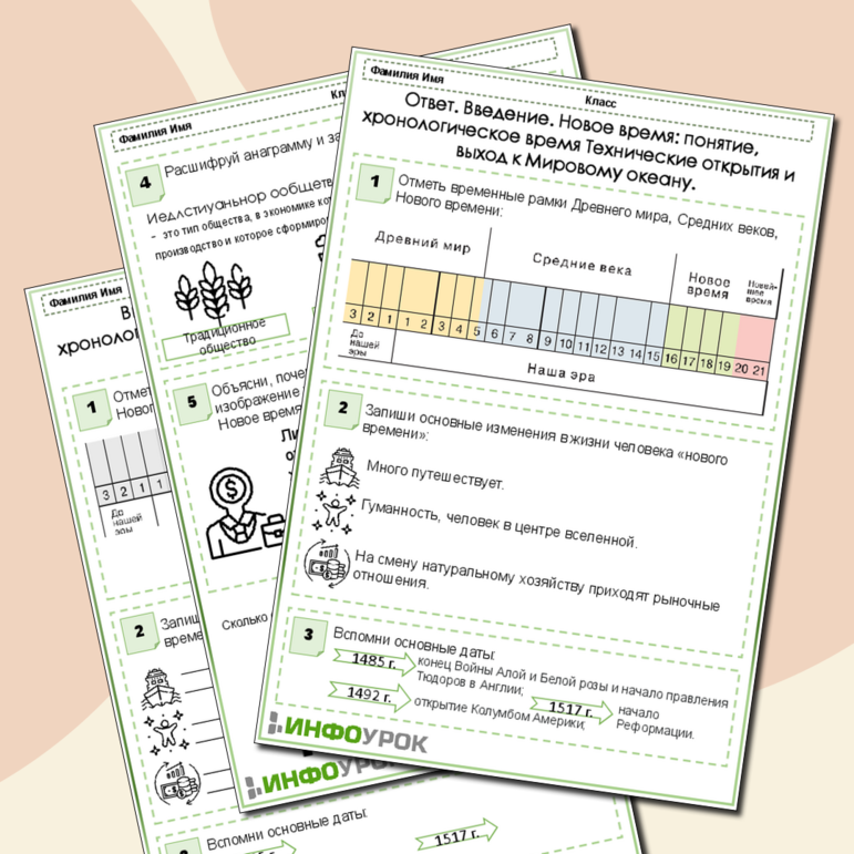 Рабочий лист по Всеобщей истории. История Нового времени. 1500-1800. 7 класс. Введение. Новое время: понятие, хронологическое время Технические открытия и выход к Мировому океану.