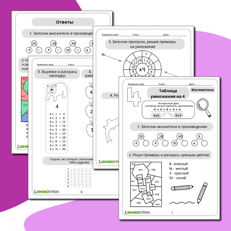 Таблица умножения на 4. Математическая раскраска, математический кроссворд. Учим таблицу умножения.