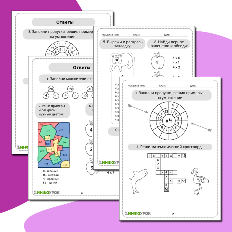 Таблица умножения на 4. Математическая раскраска, математический кроссворд. Учим таблицу умножения.