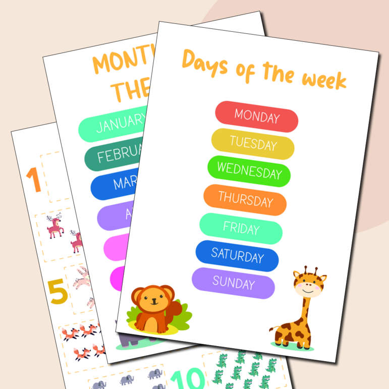 Плакаты вкладыши по английскому языку на темы: days of the week, numbers, months, alphabet