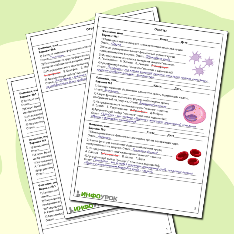 Карточки-пятиминутки по биологии: «Состав крови»
