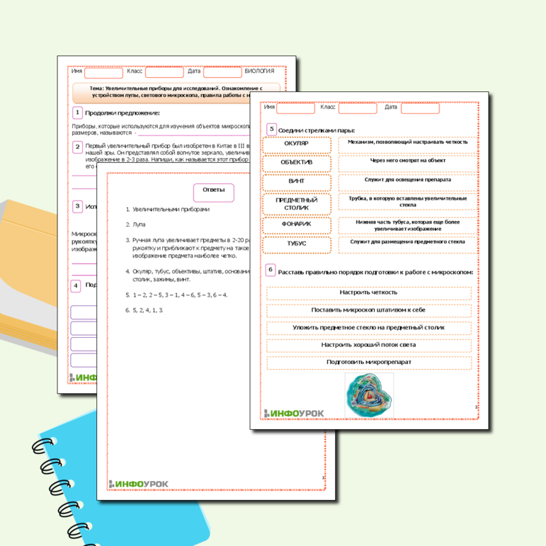 Рабочий лист по биологии. Тема: Увеличительные приборы для исследований. Ознакомление с устройством лупы, светового микроскопа, правила работы с ними