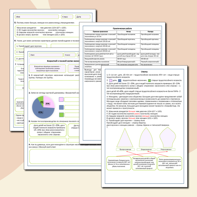 Рабочий лист «Возрастной и половой состав населения мира». Практическая работа «Сравнение половой и возрастной структуры в странах различных типов воспроизводства населения на основе анализа половозрастных пирамид»