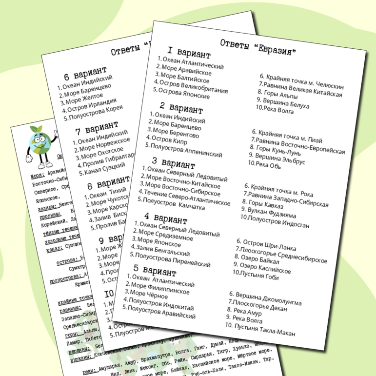 Карточки номенклатура Евразии (список объектов и 10 вариантов для проверки)