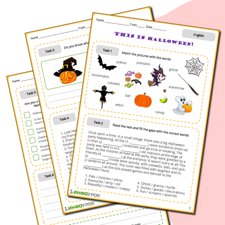 Рабочий лист по английскому языку по теме Halloween с ответами для 5, 6, 7 классов (Хэллоуин, английский язык)