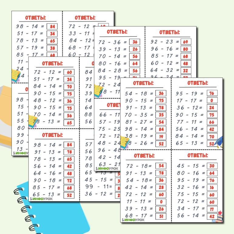 Карточки-пятиминутки «Вычитание двузначных чисел»