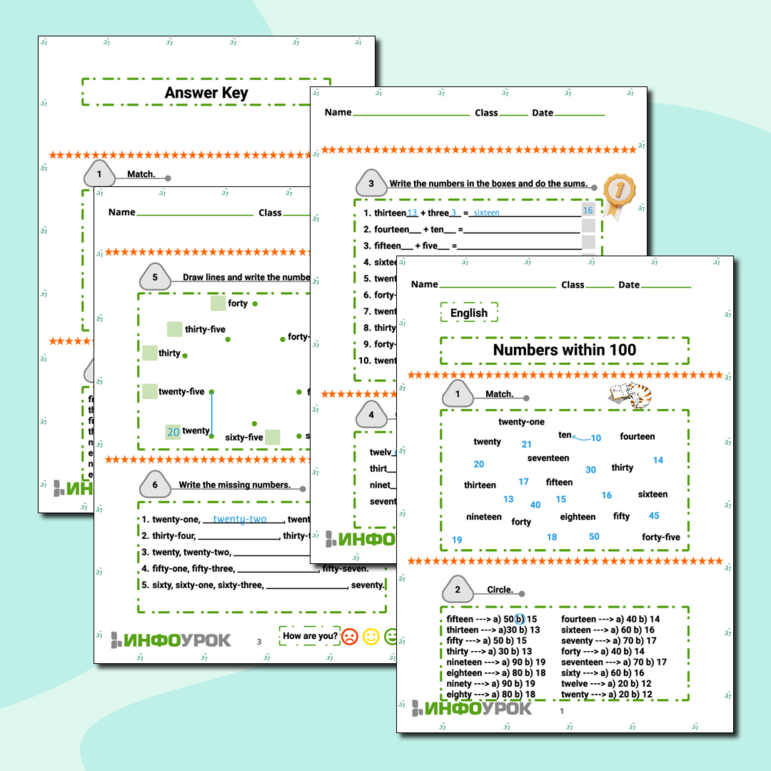 Рабочий лист для английского языка по теме числа до 100
