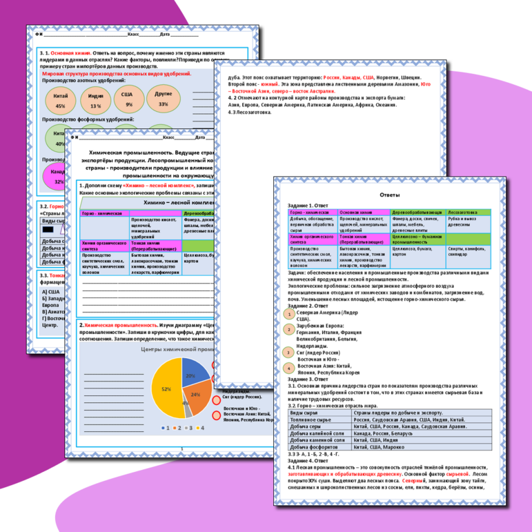 Рабочий лист «Химическая промышленность. Ведущие страны-производители и экспортёры продукции. Лесопромышленный комплекс мира. Ведущие страны - производители продукции и влияние химической и лесной промышленности на окружающую среду»