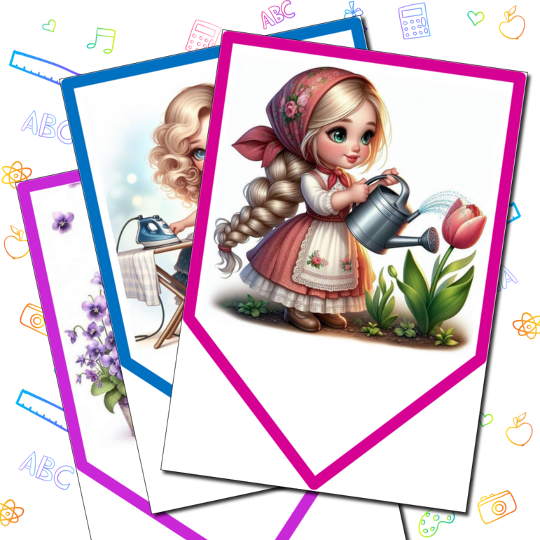 Флажки на 1 МАЯ+ кубик с загадками о профессиях+ открытки - закладки 1 МАЯ