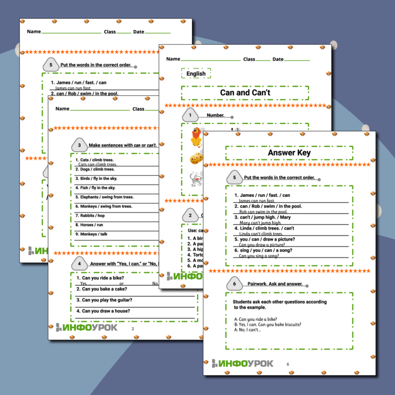 Рабочий лист для английского языка по теме модальный глагол can/can't