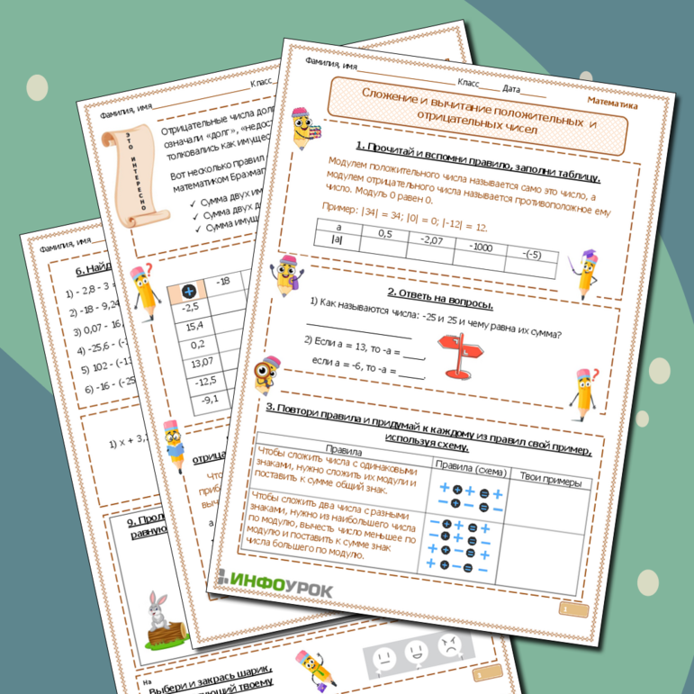Рабочий лист по математике Сложение и вычитание отрицательных и положительных чисел.