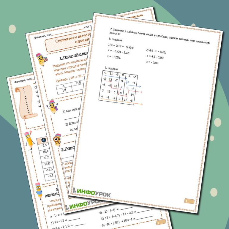 Рабочий лист по математике Сложение и вычитание отрицательных и положительных чисел.