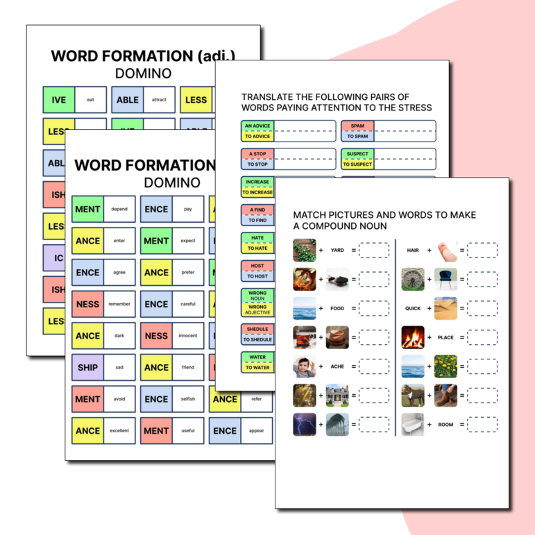 Сборник рабочих листов + Игра «Домино». Словообразование в английском языке. Word formation.