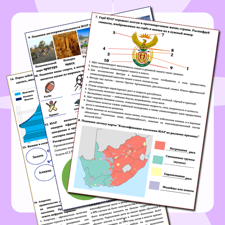 Дидактический материал для 11 класса по географии «Южная Африка. Особенности природно-ресурсного капитала, населения и хозяйства ЮАР». Рабочий лист, конспект для учителя, карточки-тесты (6 вариантов)