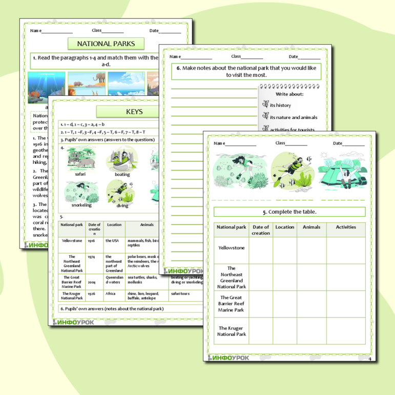 Рабочий лист по английскому языку Природа: дикие и домашние животные (национальные парки) National parks 7 класс